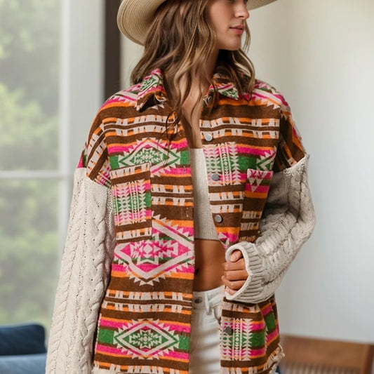 Bohemian Style Knitted Sleeve Patchwork Wool Coat